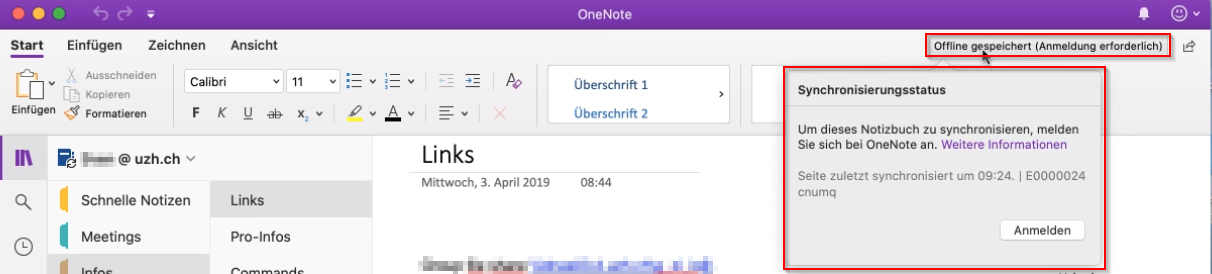 Stellen Sie sicher, dass Sie rechts oben im OneNote-Fenster keine Synchronisationsfehler erhalten.