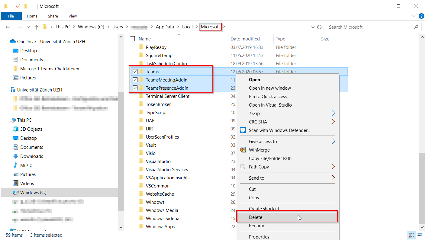 Löschen Sie alle Verzeichnisse, deren Name mit "Teams" beginnt.