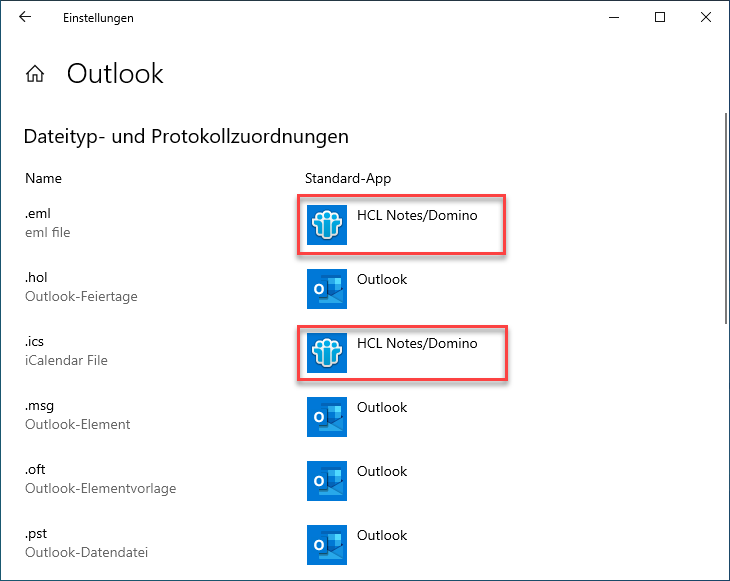 Ändern Sie alle Einträge, die nicht "Outlook" lauten, zu "Outlook"