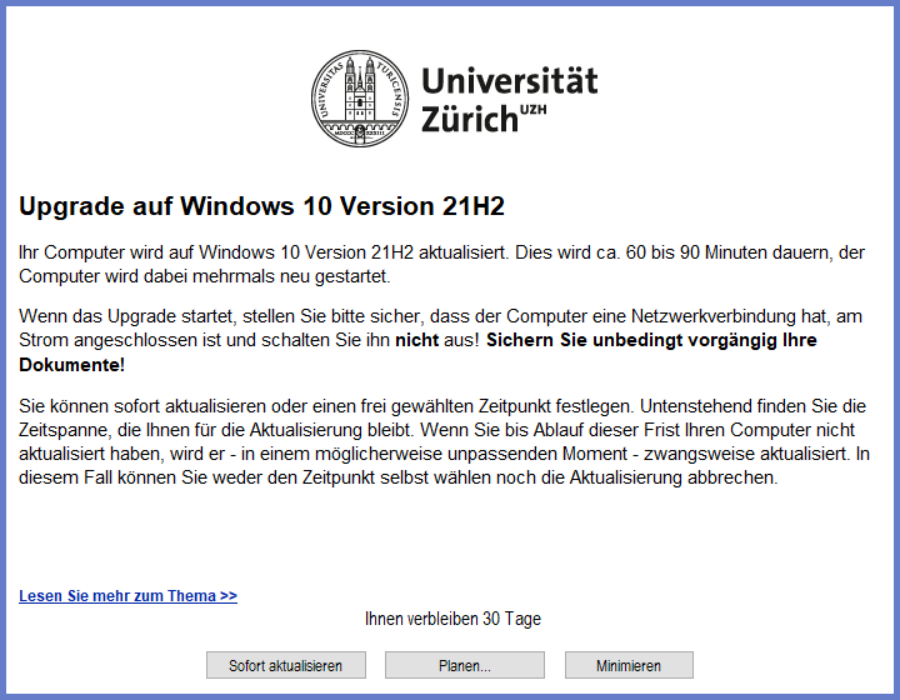 Aufforderung zum Feature Upgrade 21H2