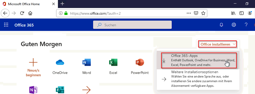 Herunterladen des Office-365-Installers