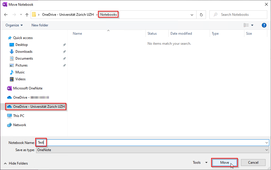 Select the OneDrive folder, define a name for the notebook and click move