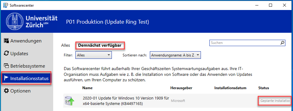 Anstehende Updates unter "Installationsstatus"