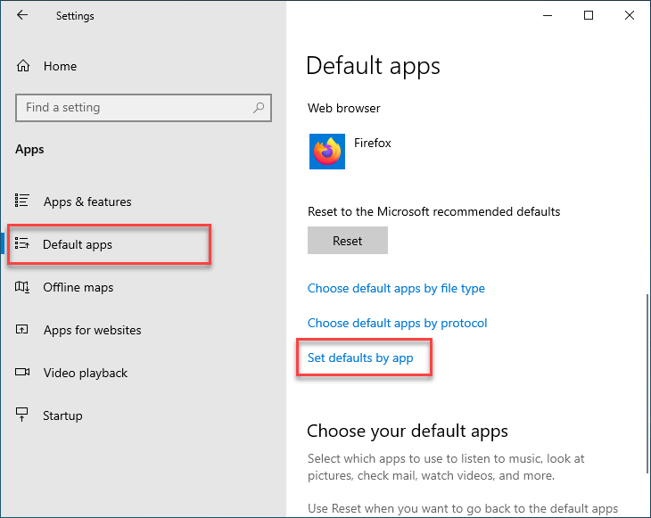 Choose "Default apps", scroll all the way down on the right hand side and click "Set defaults by app"