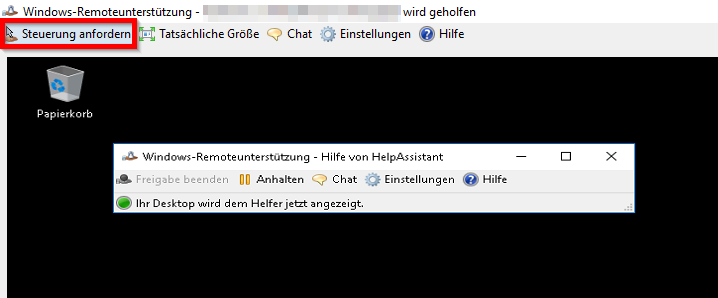 Windows-Remoteunterstützungs-Fenster mit Möglichkeit, die Maus- und Tastatursteuerung anzufordern