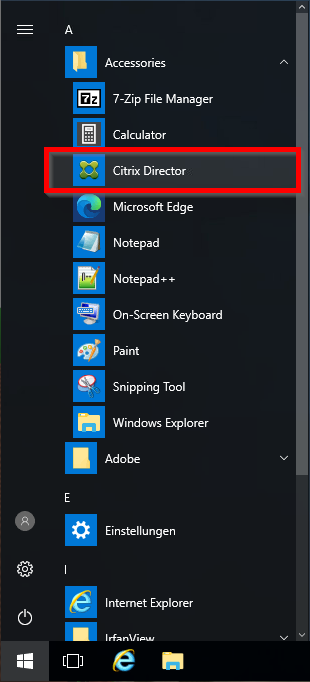 Geöffnetes Startmenü mit Citrix Director Eintrag