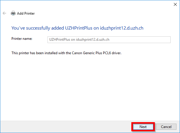 "Add Printer" confirmation window