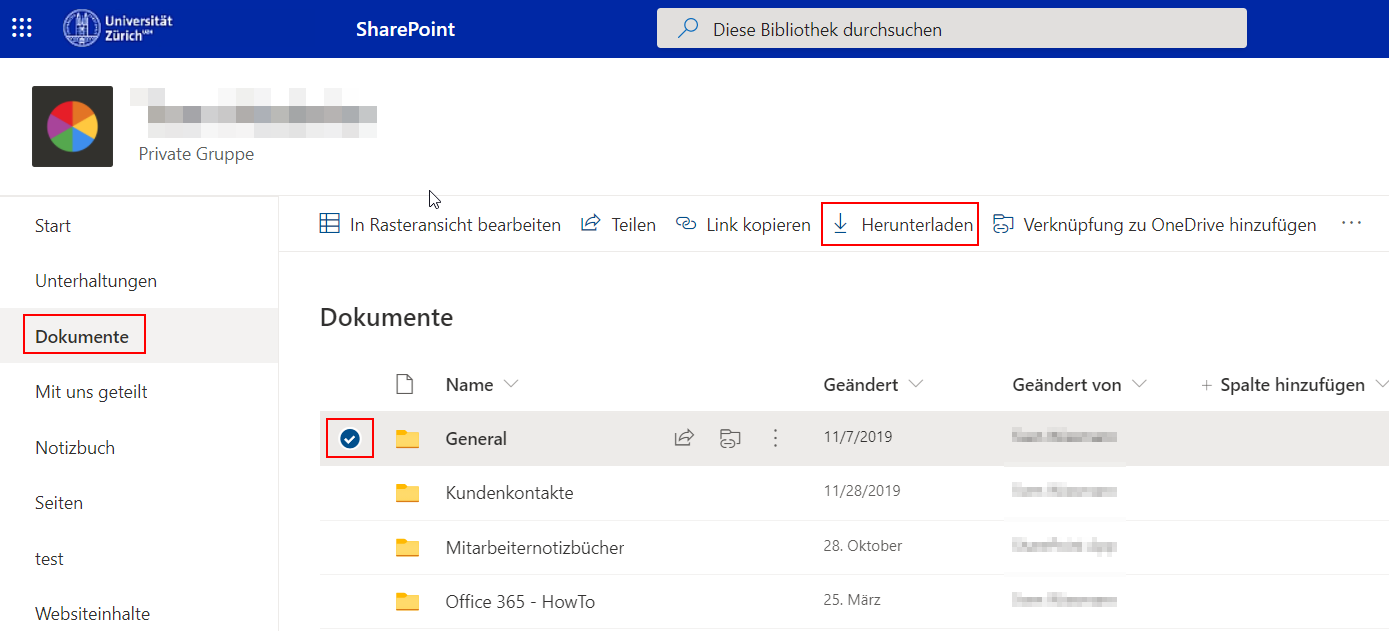 Markieren und herunterladen in SharePoint