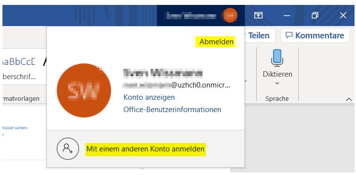 Anwendung abmelden oder Konto wechseln