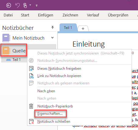 Eigenschaften des Notizbuchs öffnen