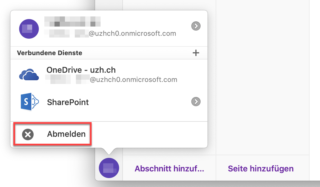 Von OneNote abmelden