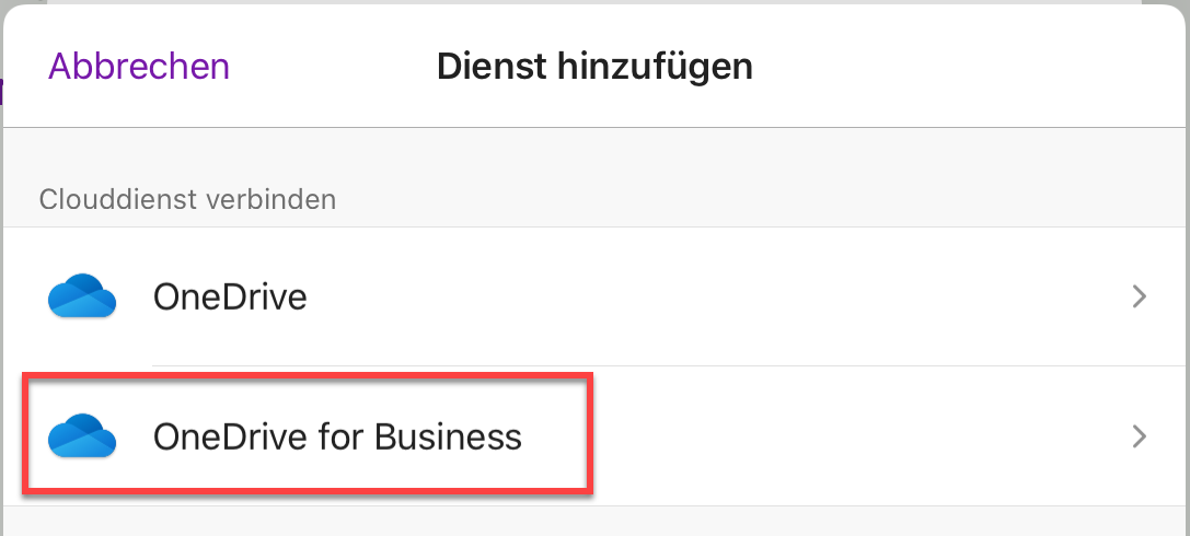 Wählen Sie "OneDrive for Business"