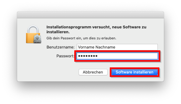 Passwort zur Installation eingeben