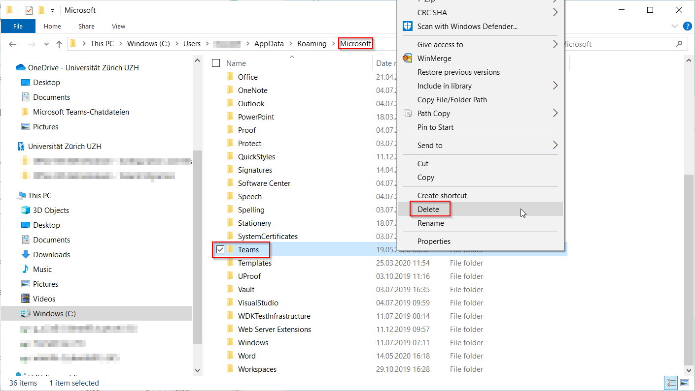 Löschen Sie den Unterordner "Teams".