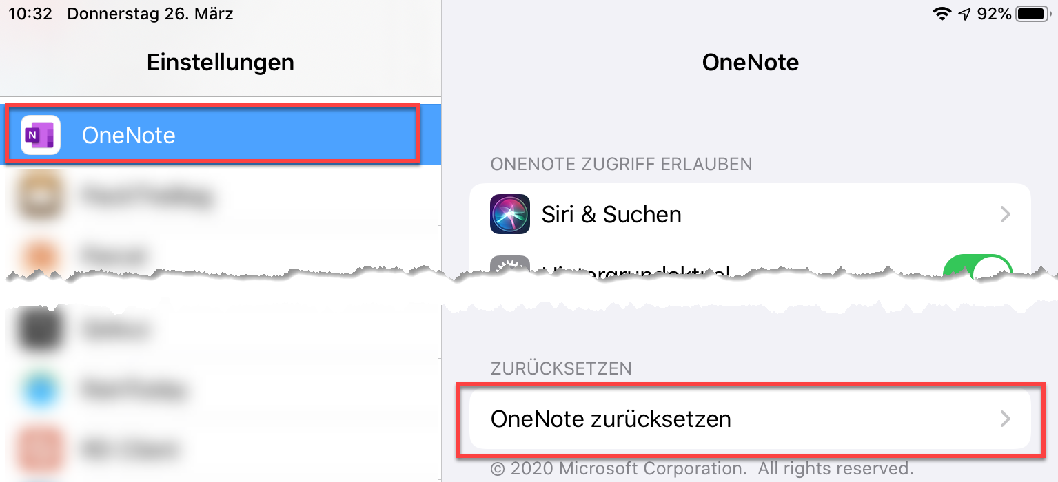 Tippen Sie auf "OneNote zurücksetzen"