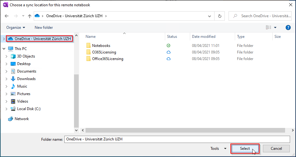 Select the OneDrive Folder