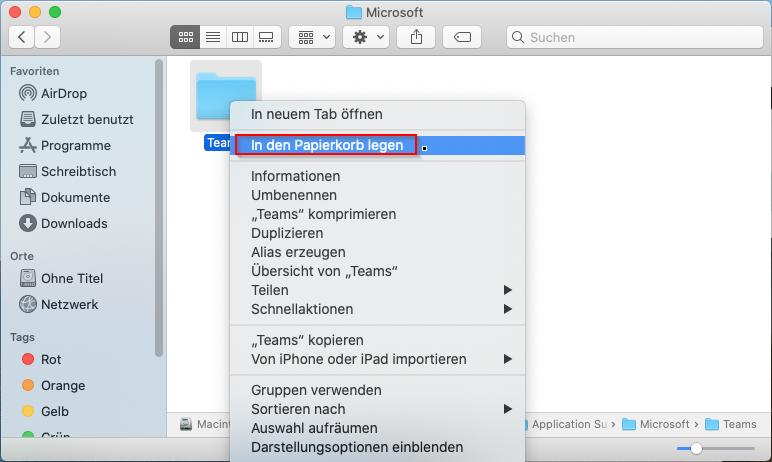 Löschen Sie den Ordner /Users/<Benutzer>/Library/Application Support/Microsoft/Teams
