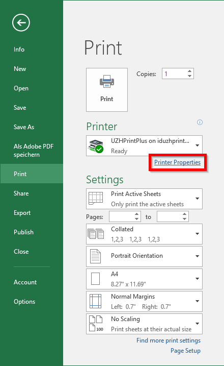 Print properties in Excel