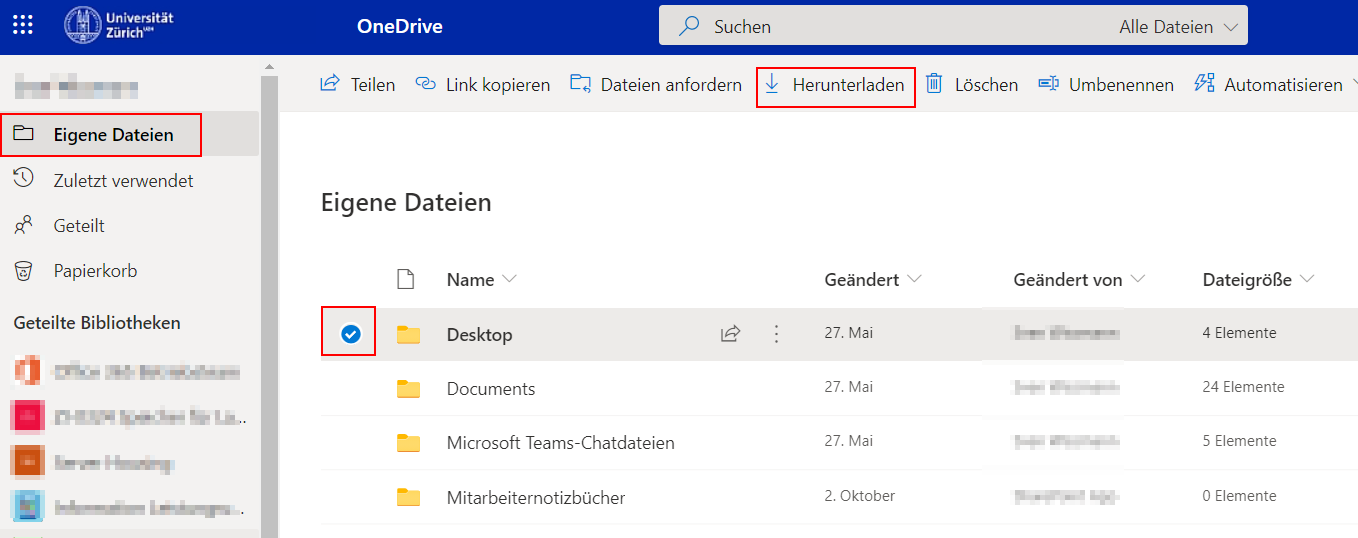 Markieren und herunterladen in OneDrive