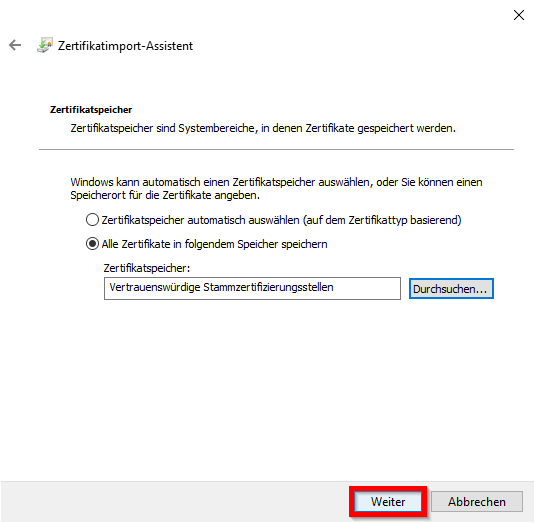 Bestätigung des ausgewählten Zertifikatspeichers